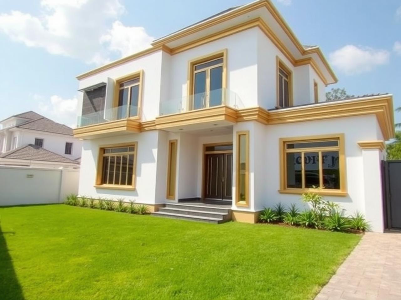 Modern white duplex with gold trim in a Nigerian estate